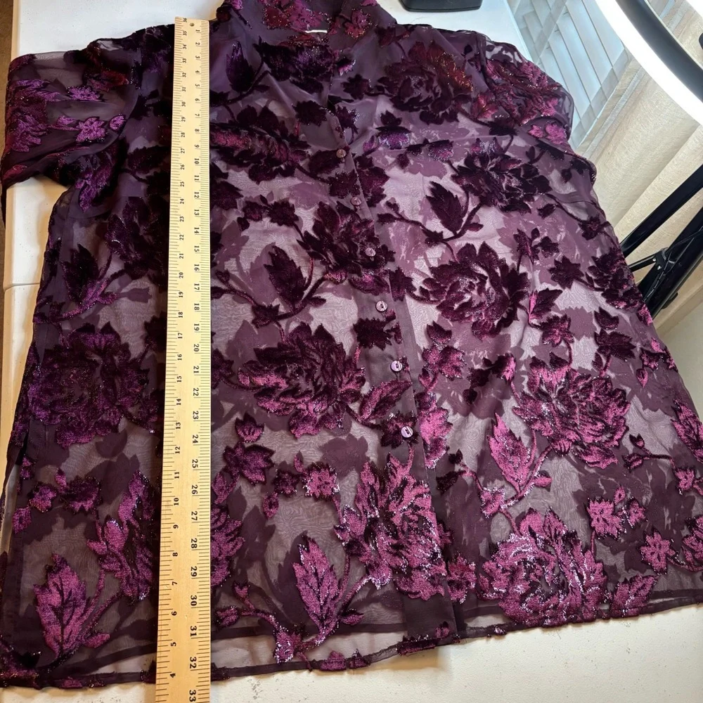 Burgundy Purple Burnout Velvet Floral Button Up Sheer Shirt Top 2X Whimsigoth - Picture 11 of 13